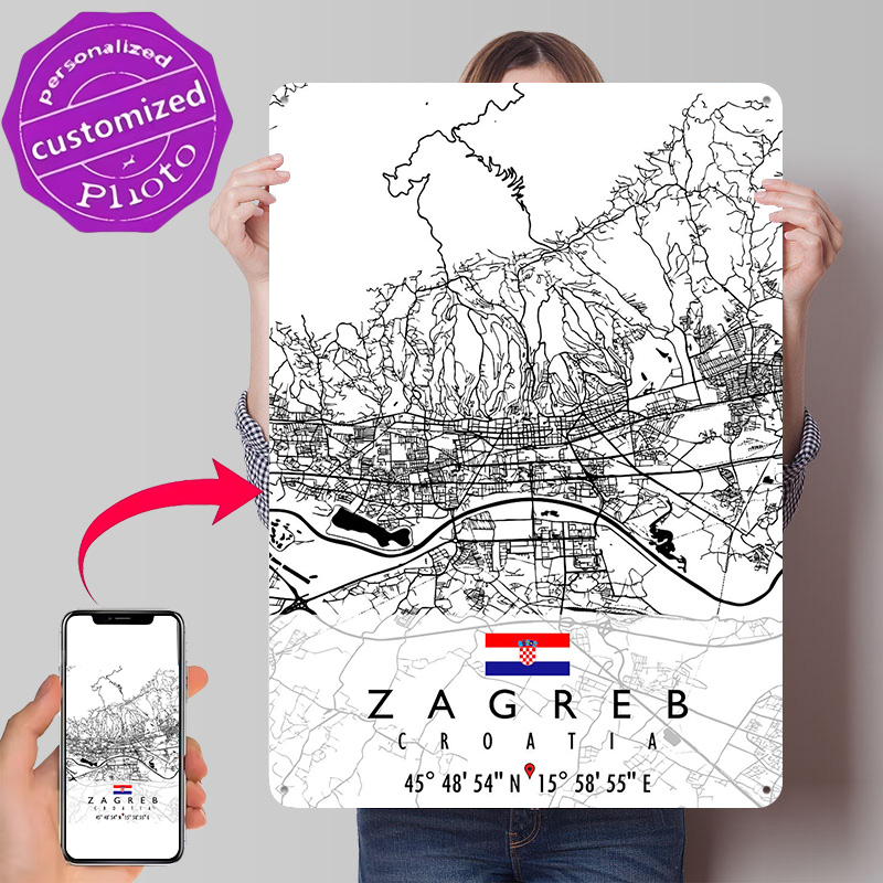 Home Decor Zagreb - Mapa de Zagreb Croácia em Metal